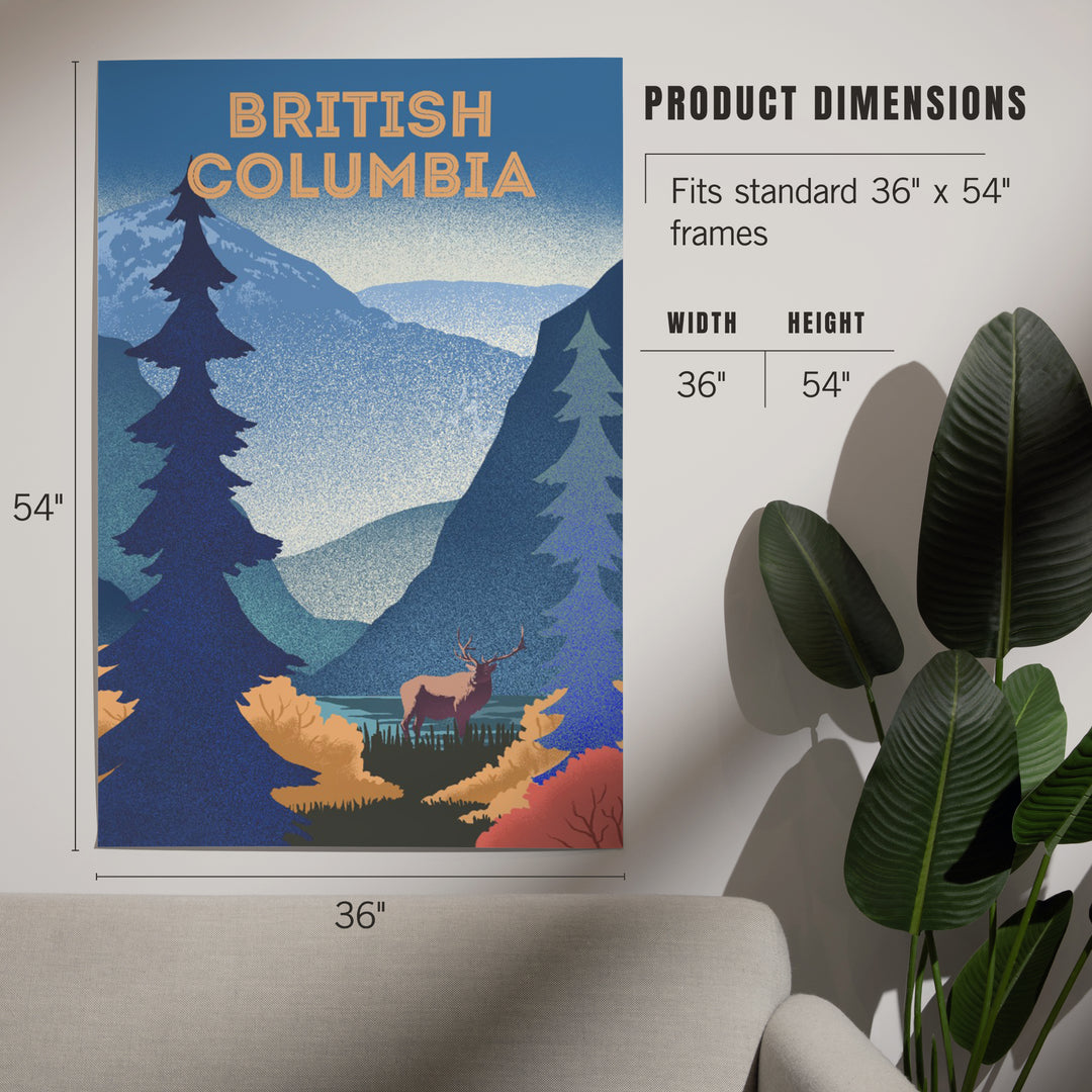 British Columbia, Lithograph, Elk and Mountains Scene, Art & Giclee Prints