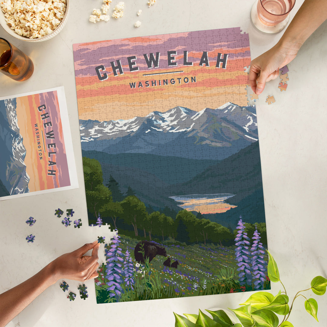 Chewelah, Washington, Painterly, Bear and Spring Flowers, 1000 Piece Jigsaw Puzzle