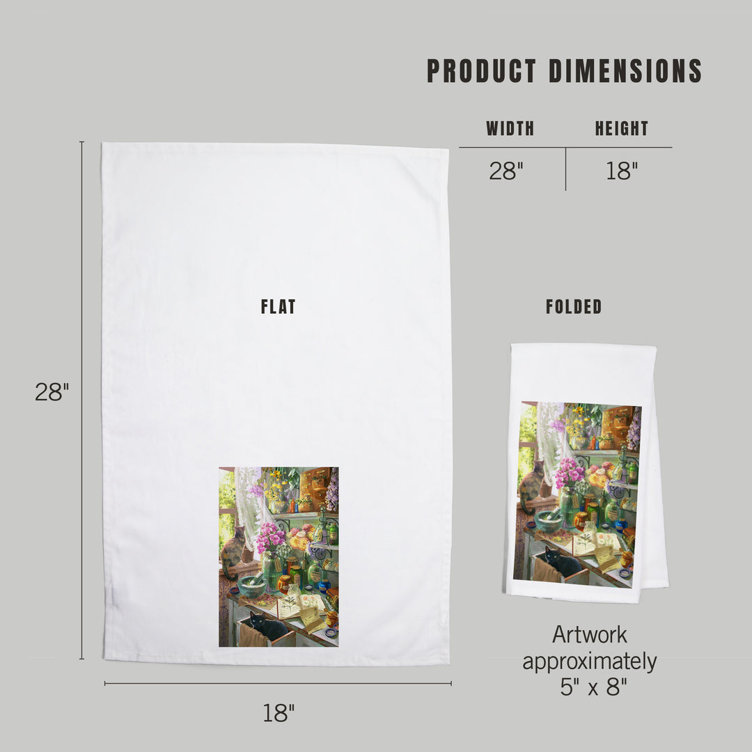 Garden Apothecary, With Cat, Oil Painting, Organic Cotton Kitchen Tea Towels