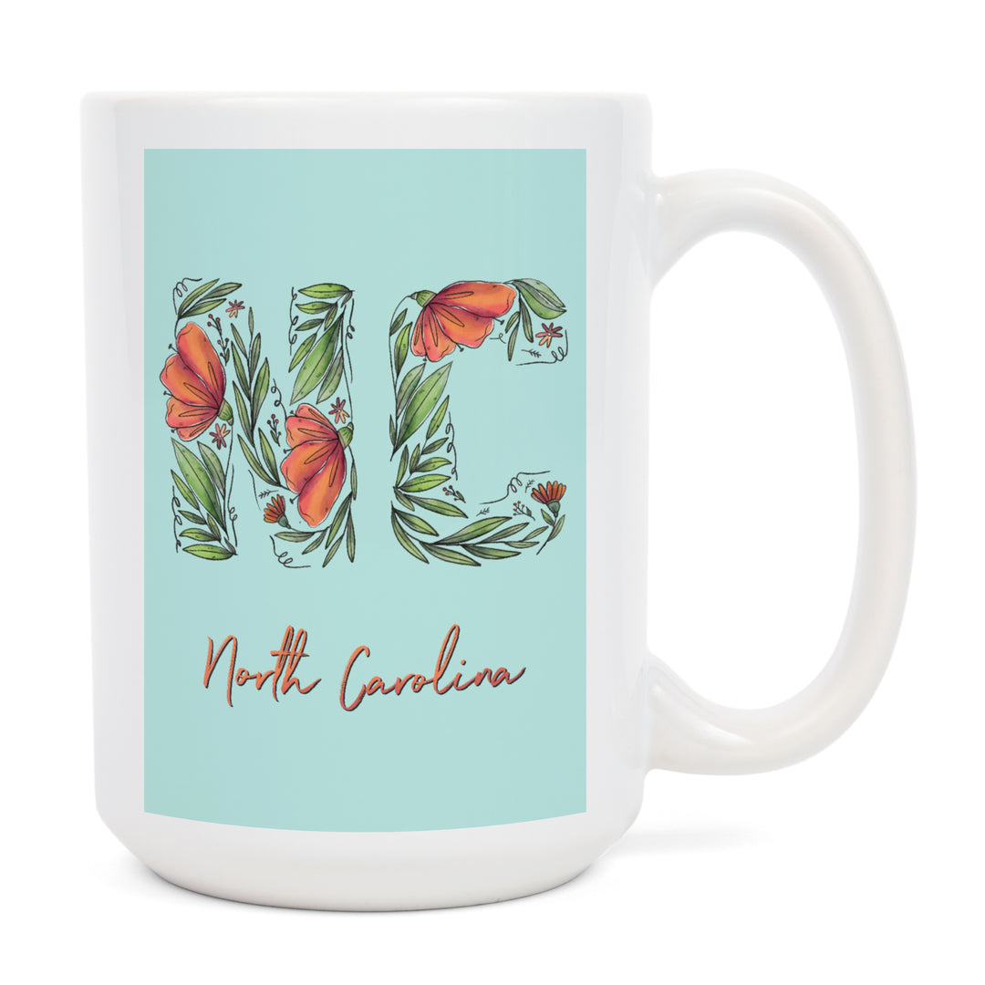 North Carolina, NC, Floral Abbreviation, Lantern Press Artwork, Ceramic Mug