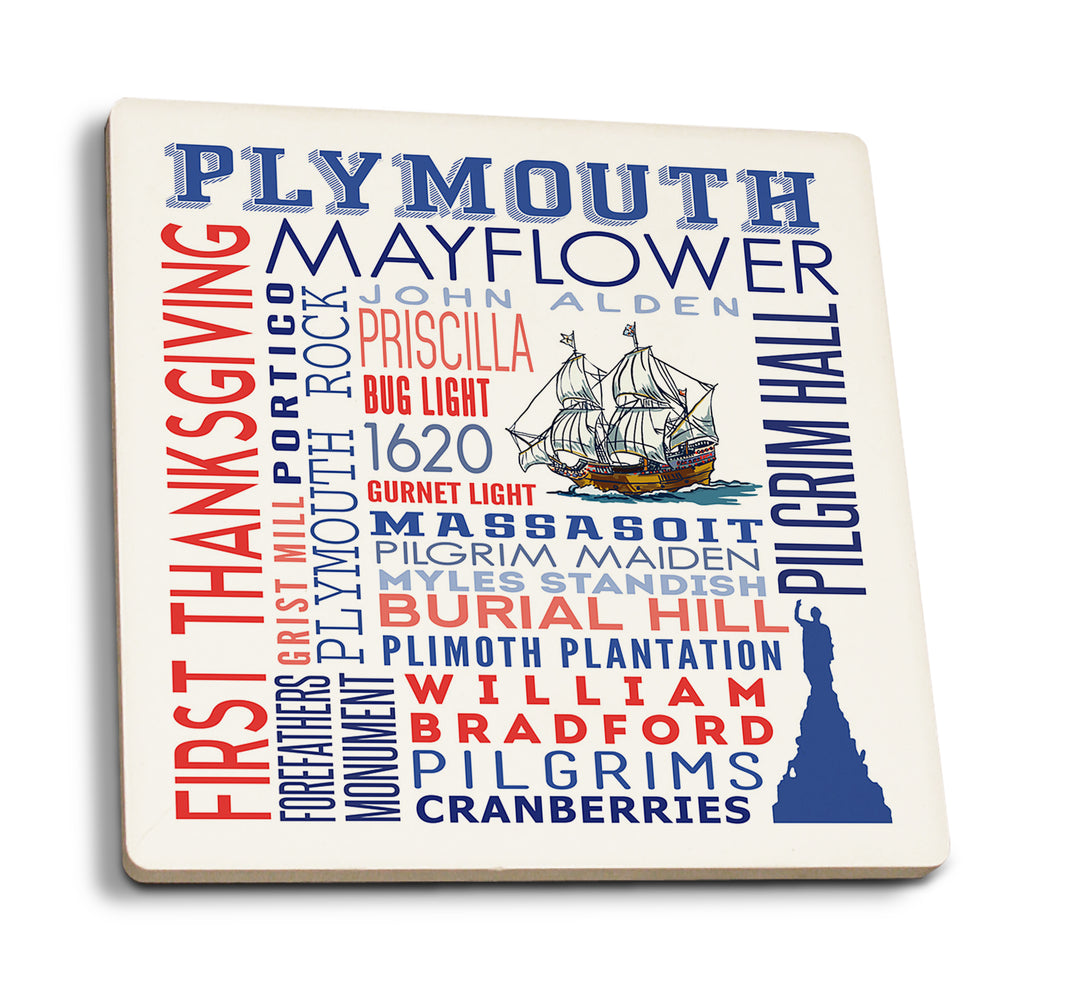 Plymouth, Massachusetts, Typography with Mayflower Icon, Coaster Set