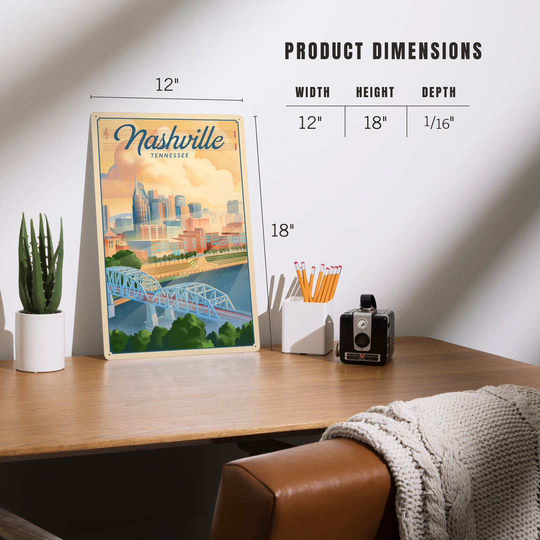 Nashville, Tennessee, Lithograph City Series, 12x18 Metal Sign