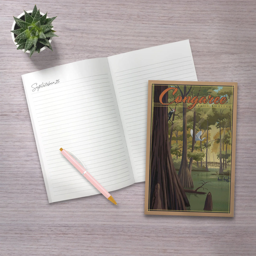 Lined 6x9 Journal, Congaree National Park, South Carolina, Lithograph National Park Series, Lay Flat, 193 Pages, FSC paper
