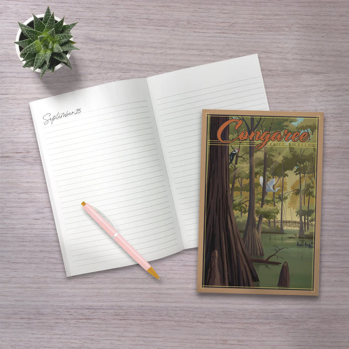 Lined 6x9 Journal, Congaree National Park, South Carolina, Lithograph National Park Series, Lay Flat, 193 Pages, FSC paper