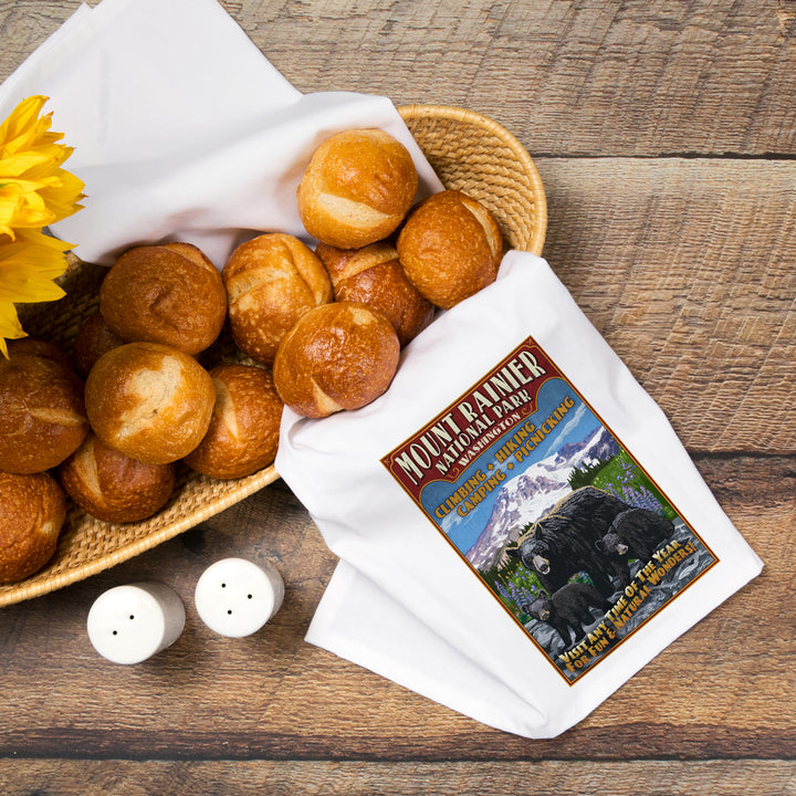 Mount Rainier National Park, Bear Family Vintage Sign, Organic Cotton Kitchen Tea Towels