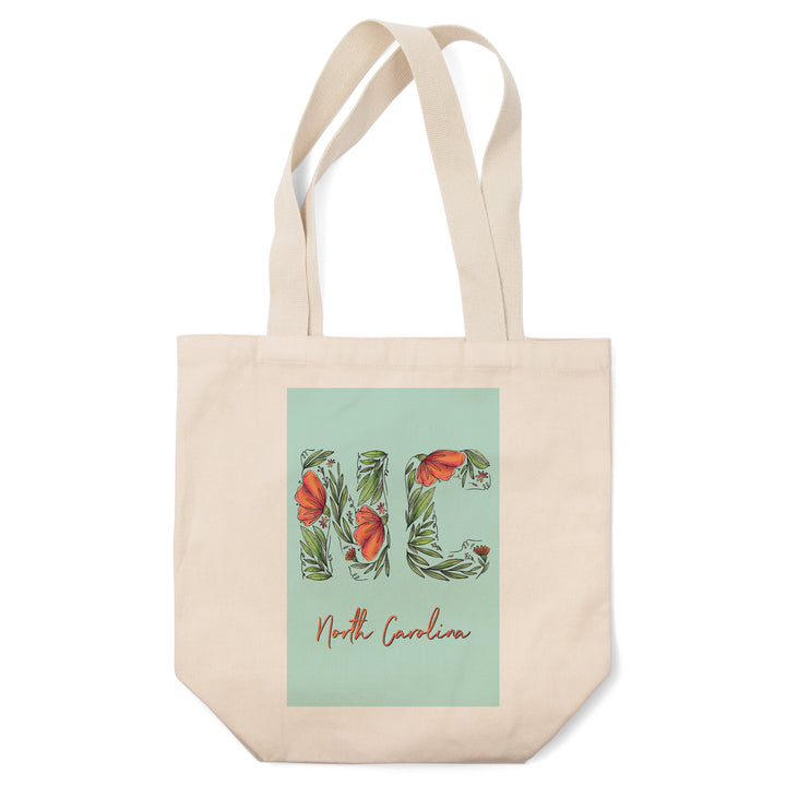 North Carolina, NC, Floral Abbreviation, Lantern Press Artwork, Tote Bag