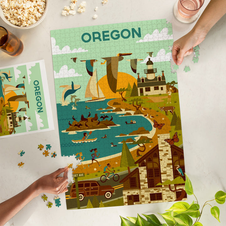 Oregon Wildlife, Lighthouse and Coastal Life Illustration, 1000 Piece Jigsaw Puzzle