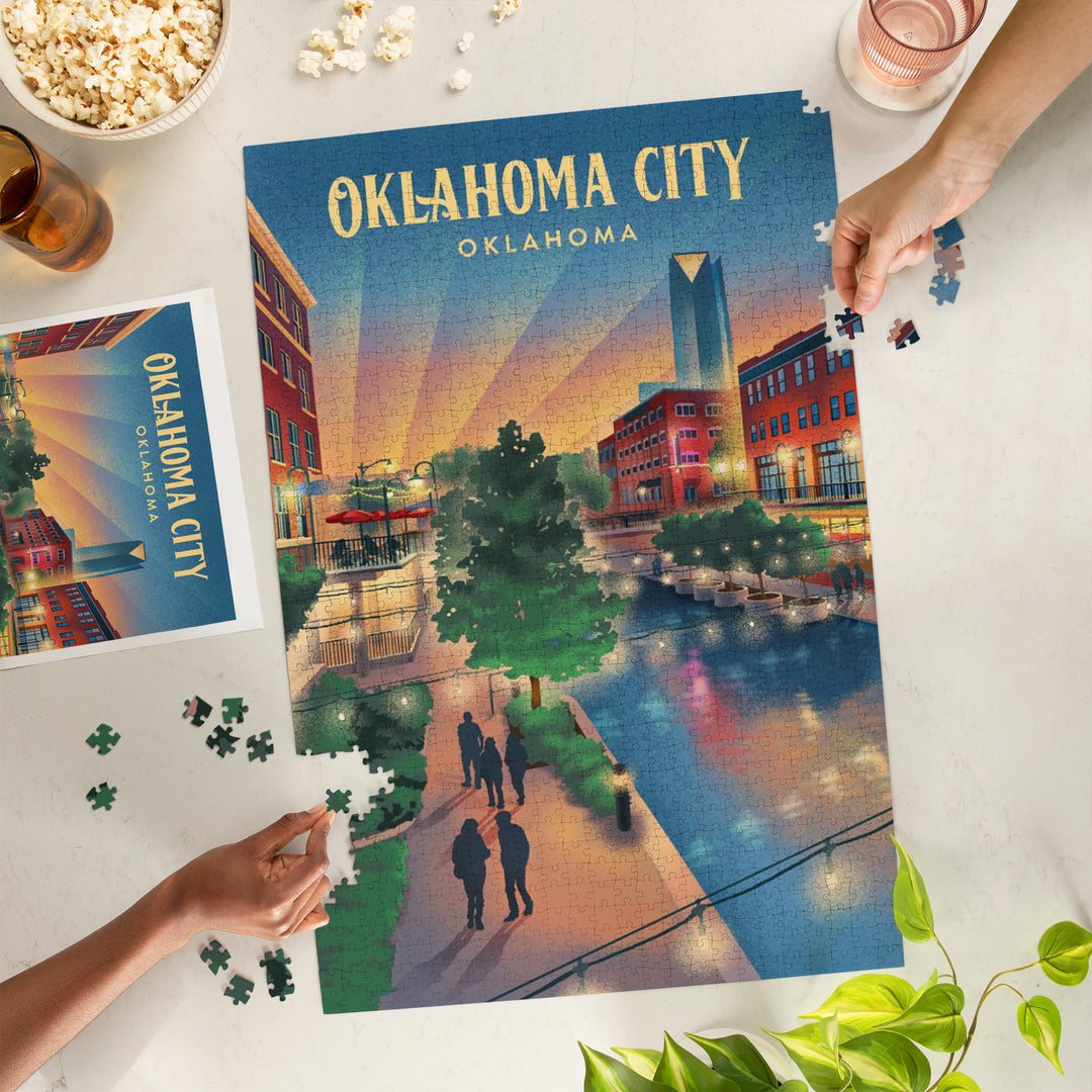 Oklahoma City, Oklahoma, Lithograph, River Walk, 1000 Piece Jigsaw Puzzle