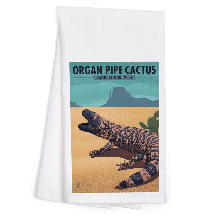 Organ Pipe Cactus National Monument, Arizona, Gila Monster, Lithograph, Organic Cotton Kitchen Tea Towels
