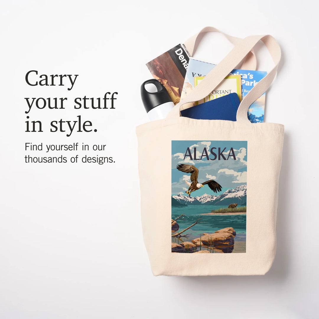 Alaska, Painterly, Lake Scene, Bald Eagle and Bear, Tote Bag