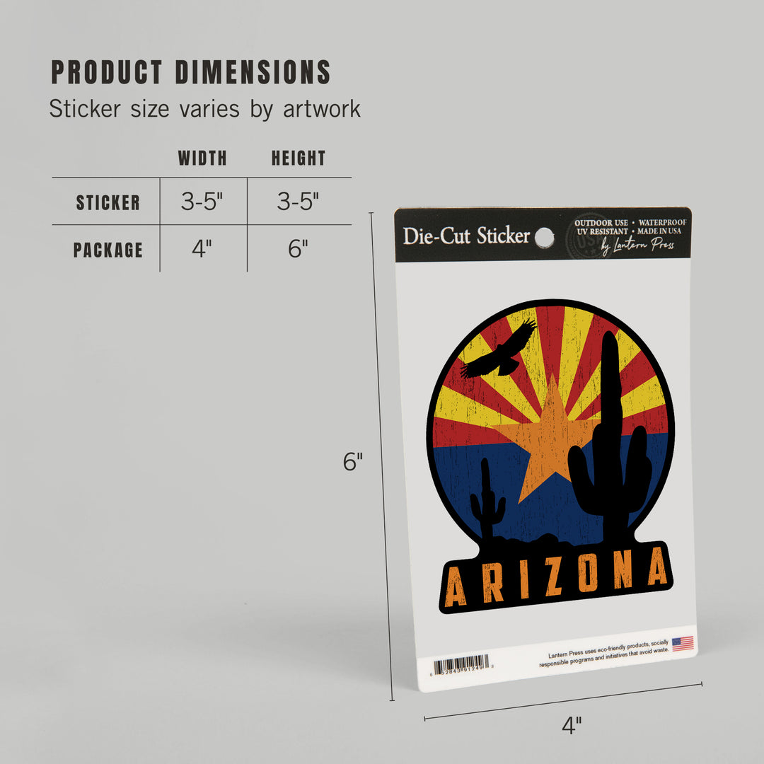 Arizona, Cactus & State Flag, Badge, Contour, Lantern Press Artwork, Vinyl Sticker