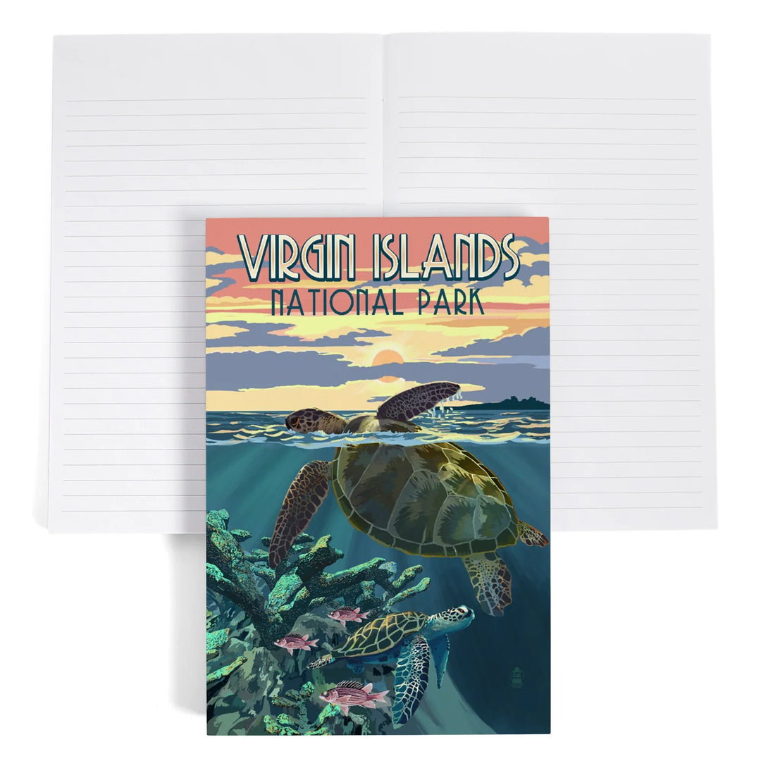 Lined 6x9 Journal, Virgin Islands National Park, Loggerhead Sea Turtle and Sunset, Lay Flat, 193 Pages, FSC paper