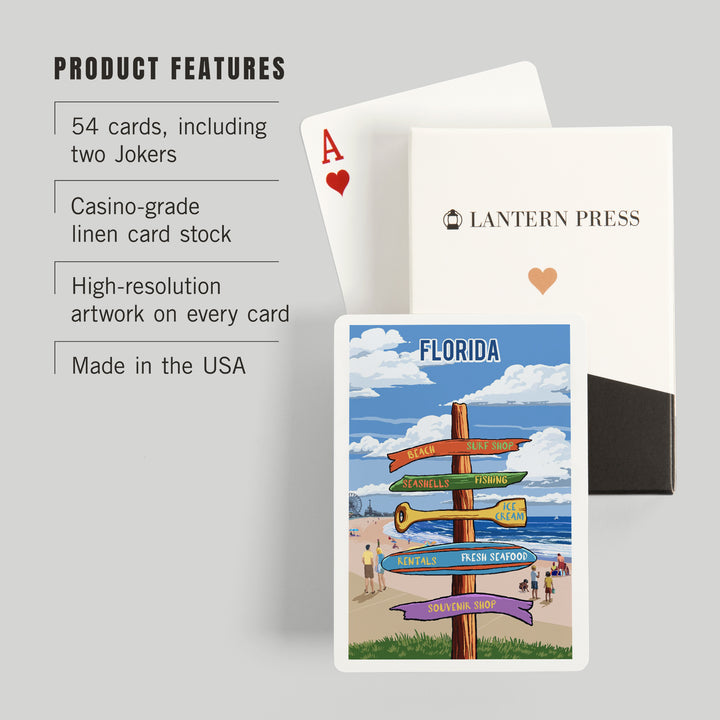 Playing Cards, Florida, Signpost, East Coast Beach with Pier, 52 Card Deck with Jokers in Box, Unique Art