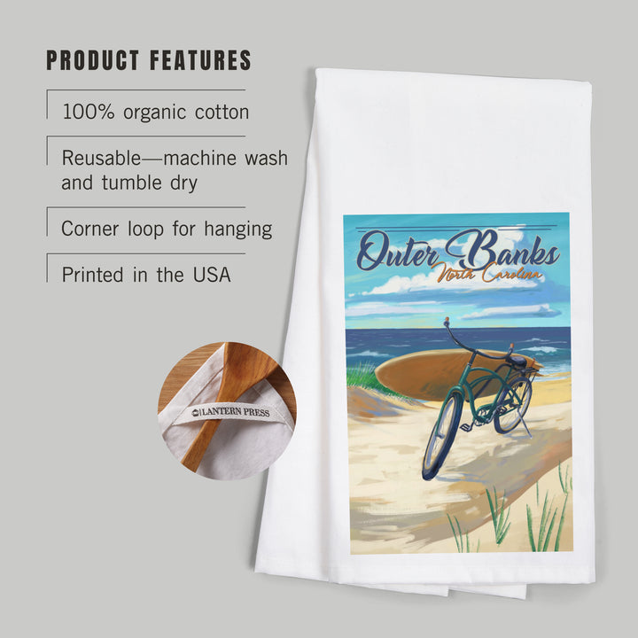Outer Banks, North Carolina, Beach Cruiser on Beach, Organic Cotton Kitchen Tea Towels