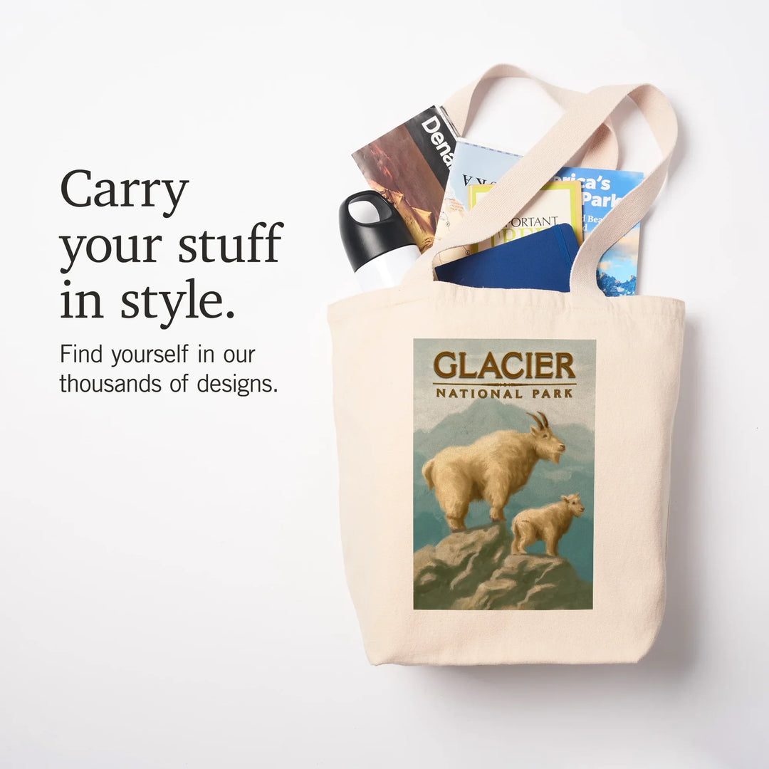 Glacier National Park, Montana, Oil Painting, Mountain Goats, Tote Bag