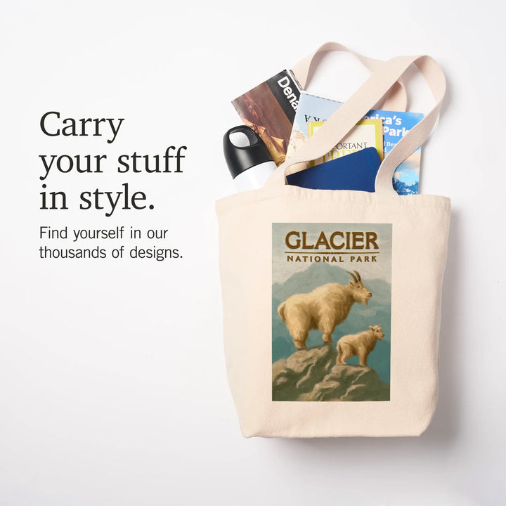Glacier National Park, Montana, Oil Painting, Mountain Goats, Tote Bag