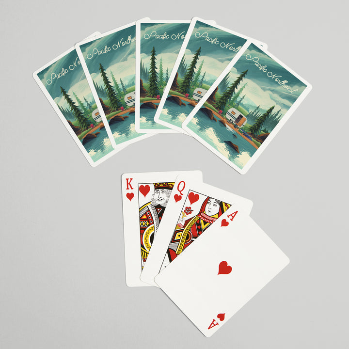 Playing Cards, Pacific Northwest, Outdoor Activity, At Home Anywhere, Camper in Evergreens, 52 Card Deck with Jokers in Box, Unique Art