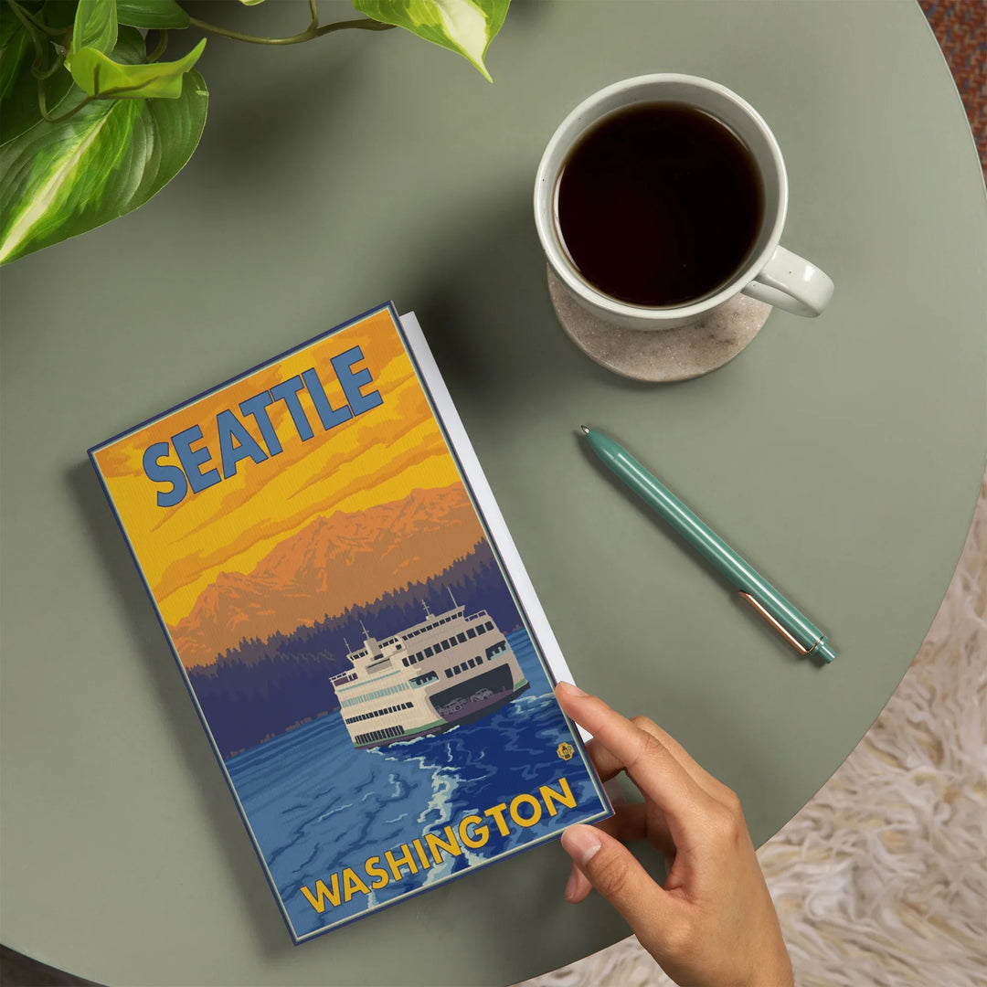 Lined 6x9 Journal, Seattle, Washington, Ferry and Mountains, Lay Flat, 193 Pages, FSC paper