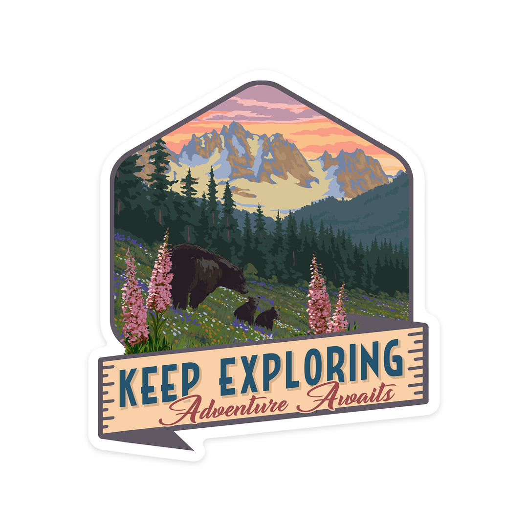 Keep Exploring, Adventure Awaits, Bear & Spring Flowers, Contour, Lantern Press Artwork, Vinyl Sticker