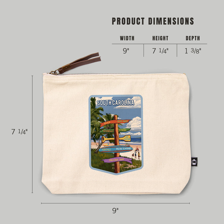 South Carolina, Signpost, Coast Beach with Palms,, Organic Cotton Zipper Pouch, Go Bag