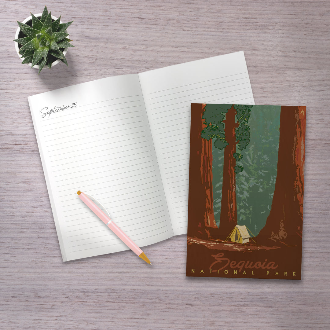 Lined 6x9 Journal, Sequoia National Park, California, Redwood Forest View, Sequoias and Tent, Lay Flat, 193 Pages, FSC paper