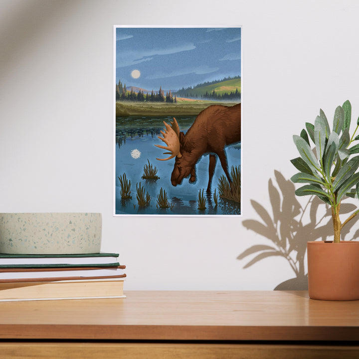 Lithograph, Reflection Pond and Bull Moose, Art & Giclee Prints - Lantern Press