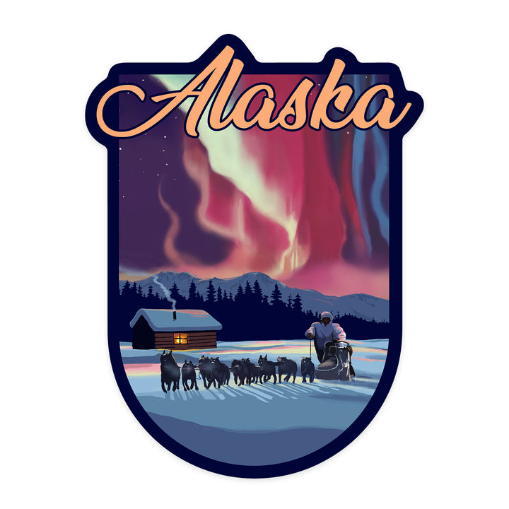 Alaska, Northern Lights and Dogsled, Contour, Vinyl Sticker