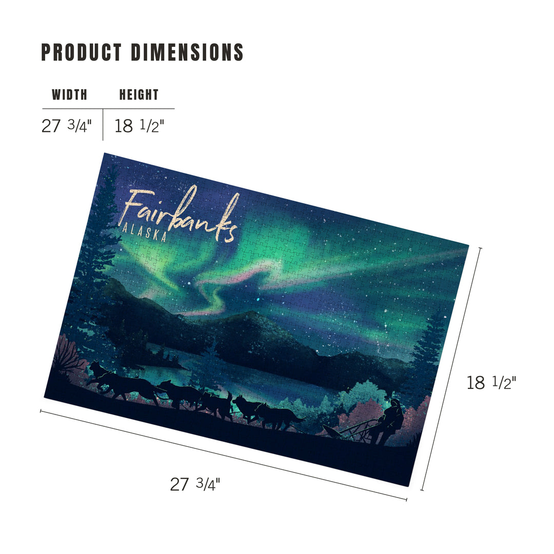 Fairbanks, Alaska, Lithograph, Northern Lights and Sled Dogs, Jigsaw Puzzle
