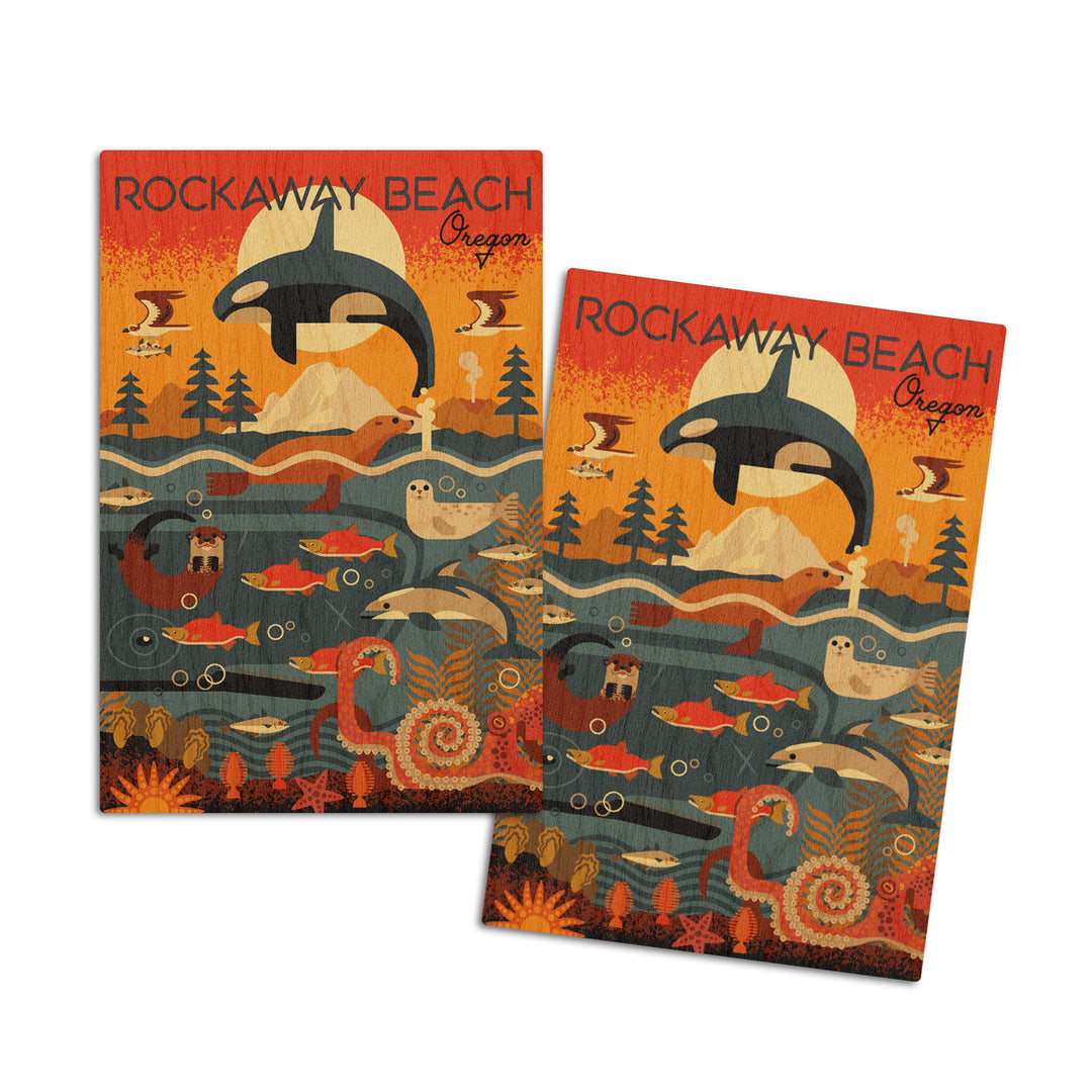 Rockaway Beach, Oregon, Marine Animals, Geometric, Lantern Press Artwork, Wood Signs and Postcards