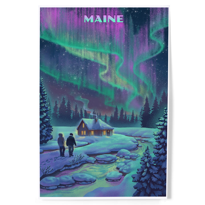 Maine, Lithograph Northern Lights and Cabin, Art & Giclee Prints