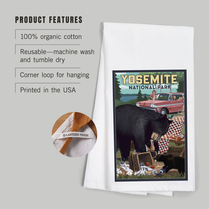 Yosemite National Park, California, Bear and Picnic Scene, Organic Cotton Kitchen Tea Towels