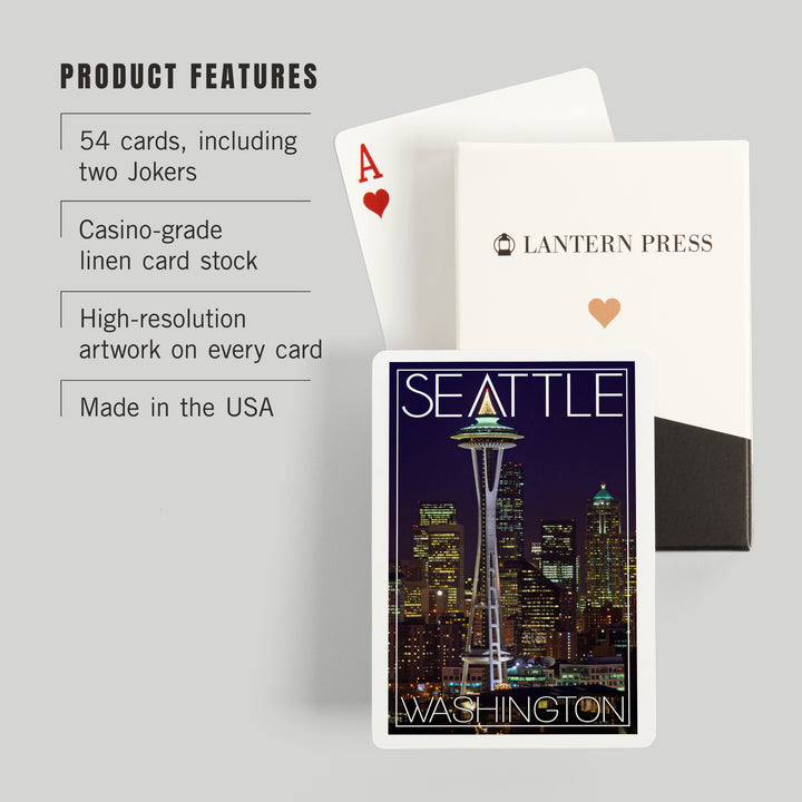 Playing Cards, Seattle, Washington, Space Needle Christmas at Night, 52 Card Deck with Jokers in Box, Unique Art