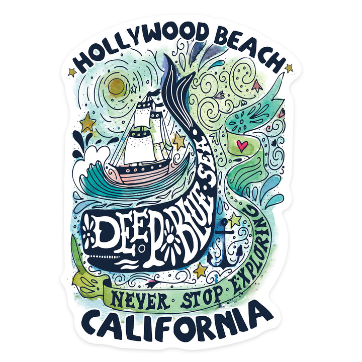 Hollywood Beach, California, Watercolor Whale, Deep Blue Sea, Nautical Art, Contour, Vinyl Sticker
