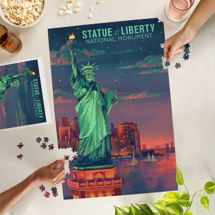 New York City, New York, Oil Painting, Sunset Statue of Liberty, Jigsaw Puzzle