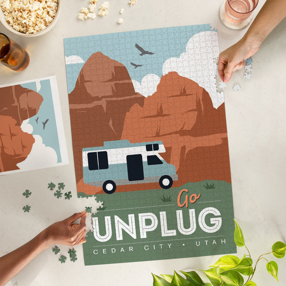 Cedar City, Utah, Simply Outdoors, Go Unplug, Retro RV Puzzle Lantern Press 