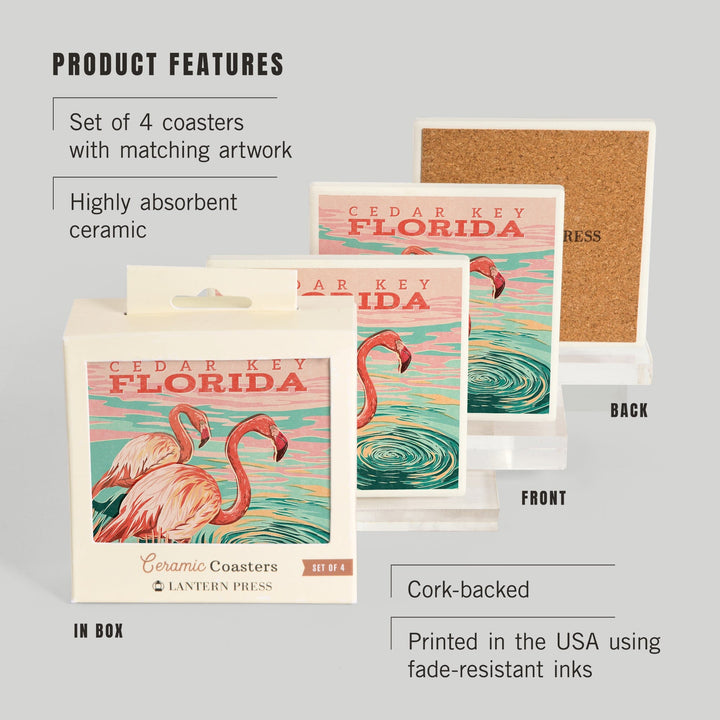 Cedar Key, Florida, Flamingos By Water, Coasters Coasters Lantern Press 