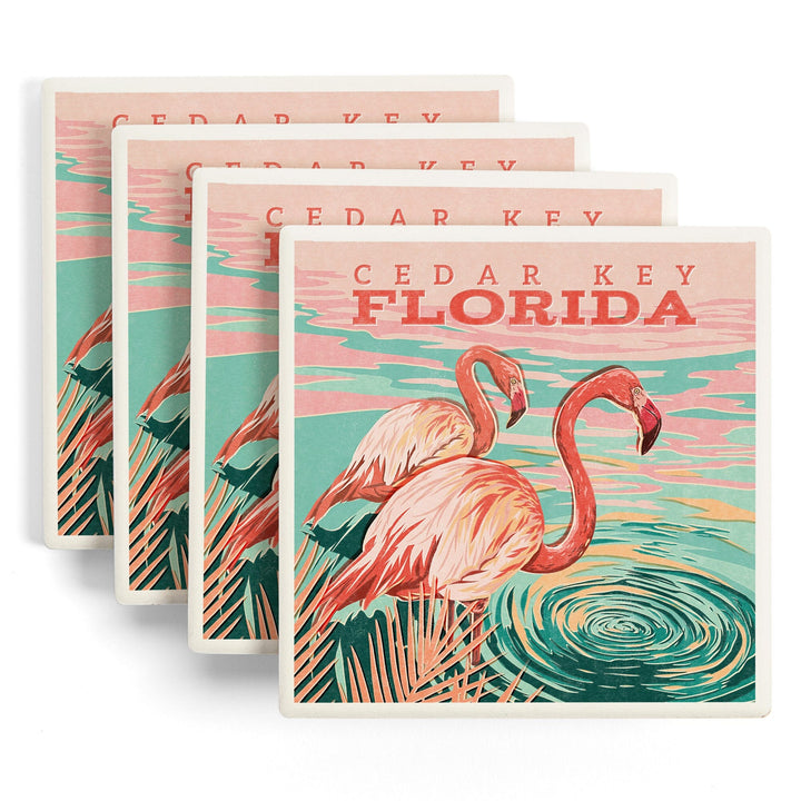 Cedar Key, Florida, Flamingos By Water, Coasters Coasters Lantern Press 