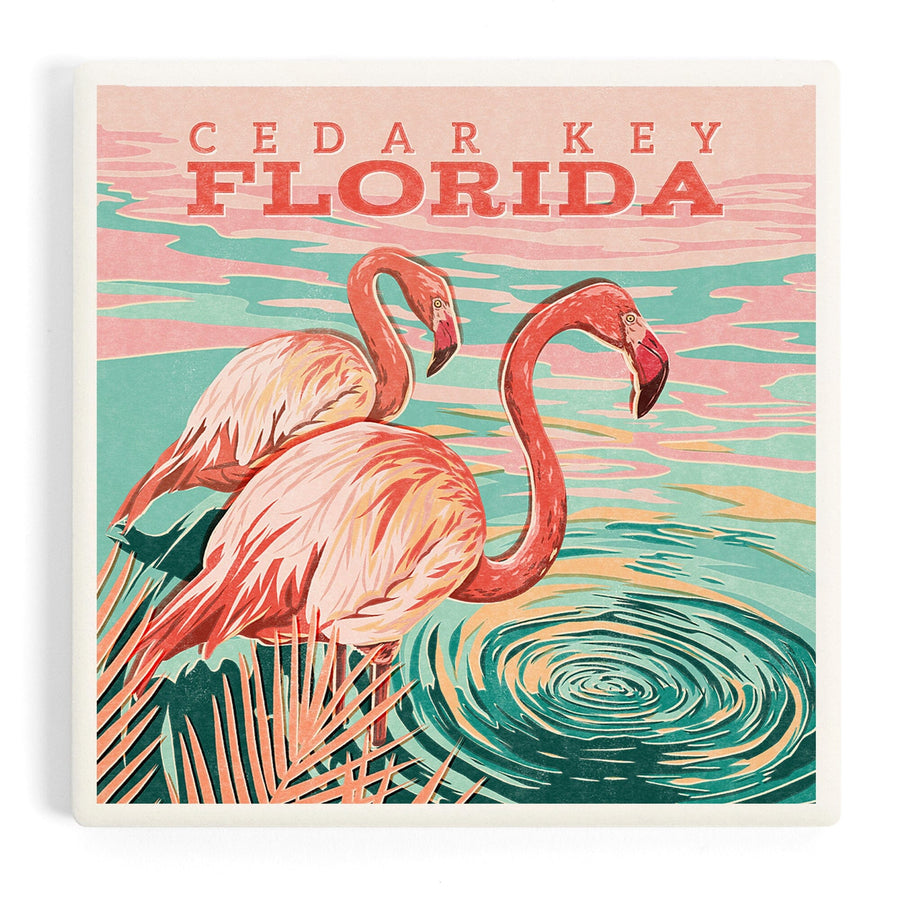 Cedar Key, Florida, Flamingos By Water, Coasters Coasters Lantern Press 