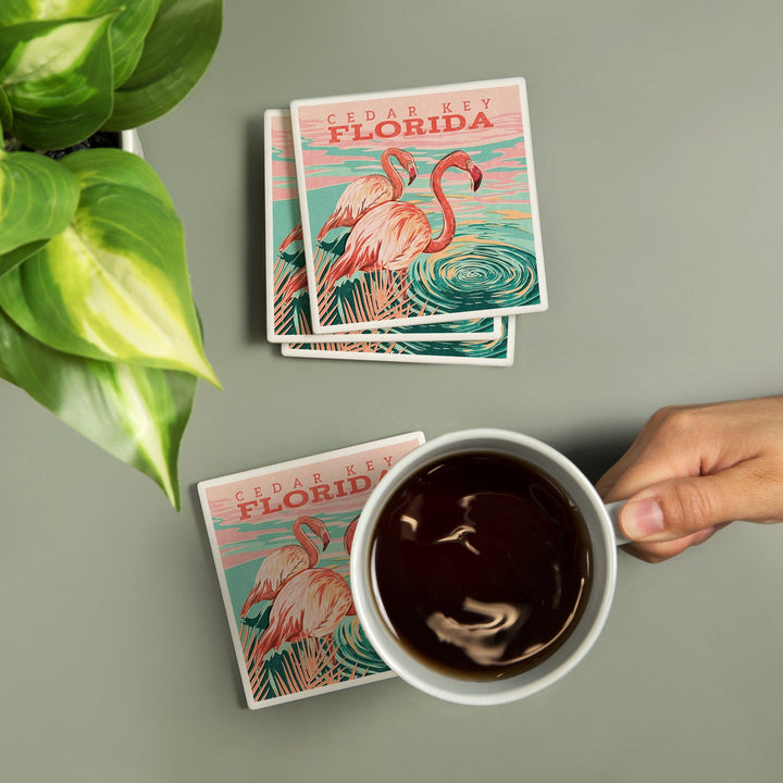 Cedar Key, Florida, Flamingos By Water, Coasters Coasters Lantern Press 