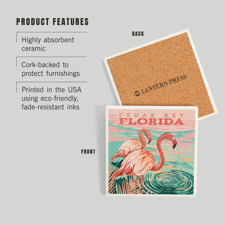 Cedar Key, Florida, Flamingos By Water, Coasters Coasters Lantern Press 