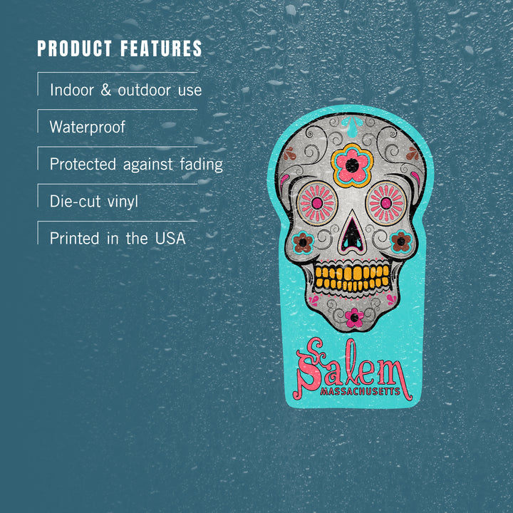 Salem, Massachusetts, Sugar Skull (Aqua Background), Contour, Vinyl Sticker