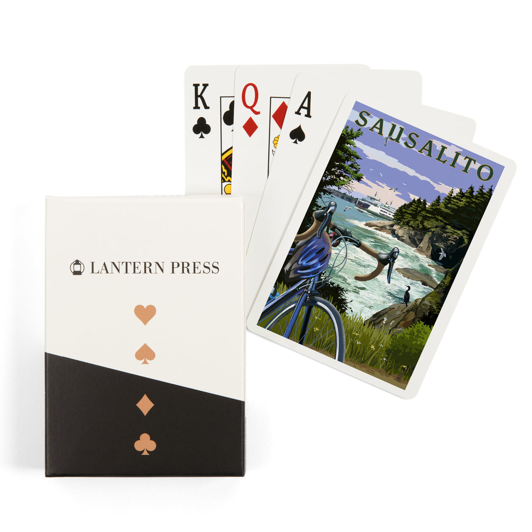 Playing Cards, Sausalito, California, Coastal Scene, Bike and Ferry, 52 Card Deck with Jokers in Box, Unique Art