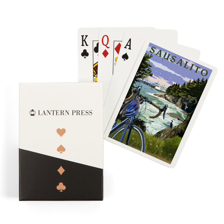 Playing Cards, Sausalito, California, Coastal Scene, Bike and Ferry, 52 Card Deck with Jokers in Box, Unique Art