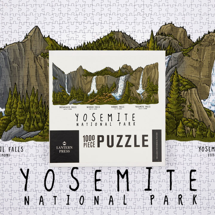 Yosemite National Park, California, Waterfall Montage, Line Drawing, Jigsaw Puzzle
