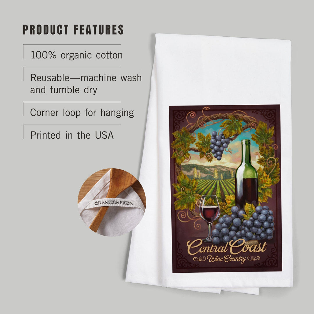 Central Coast, California, Wine Country, Organic Cotton Kitchen Tea Towels - Lantern Press