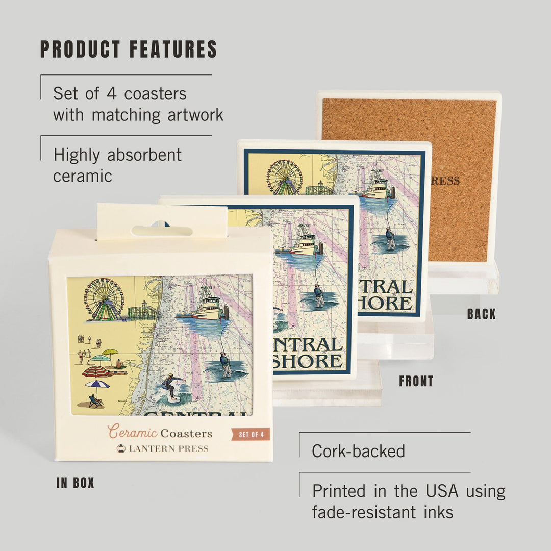 Central Jersey Shore, Nautical Chart, Coasters Coasters Lantern Press 