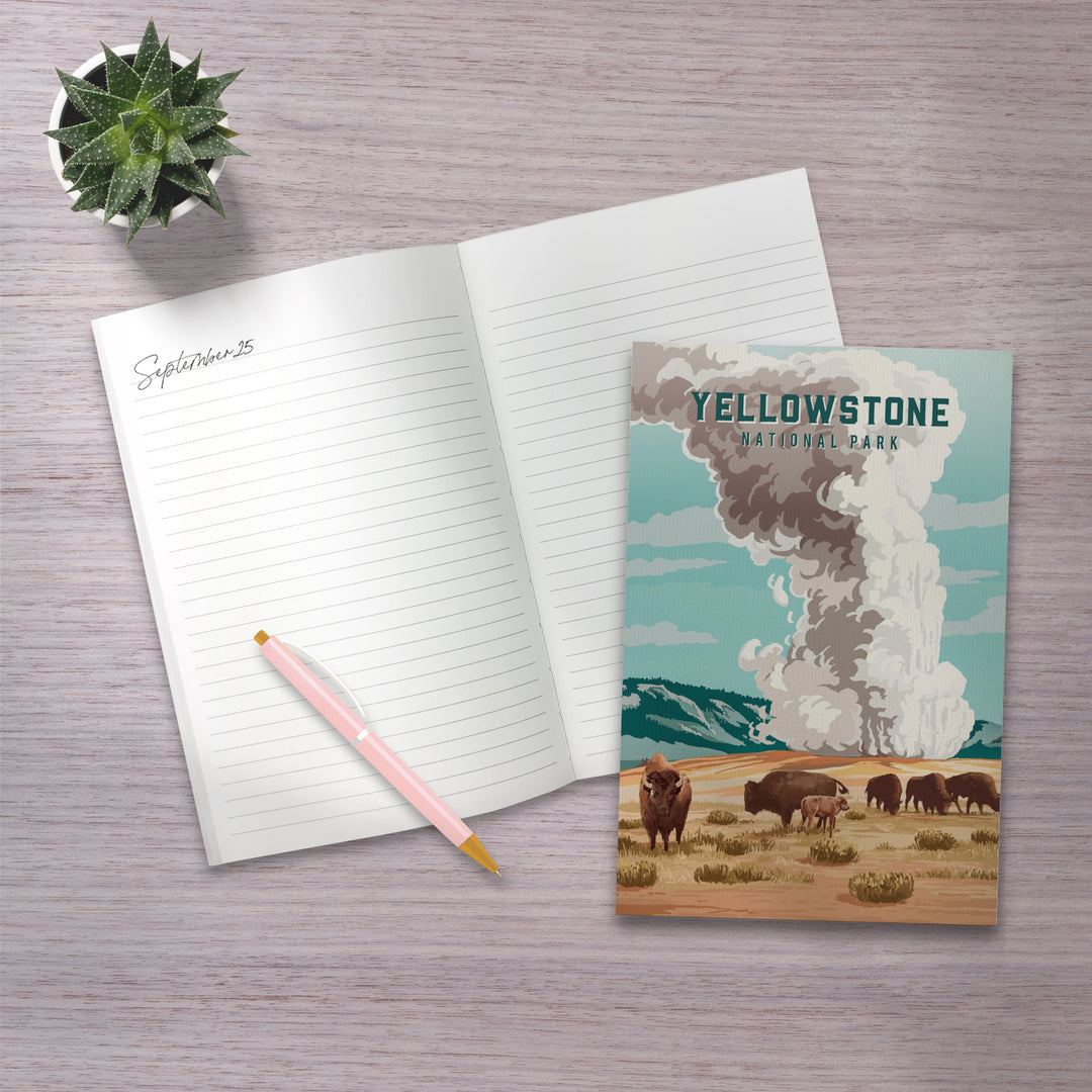 Lined 6x9 Journal, Yellowstone National Park, Wyoming, Painterly National Park Series, Bison and Geyser, Lay Flat, 193 Pages, FSC paper