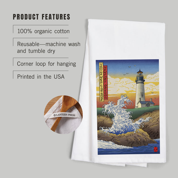 Newport, Oregon, Yaquina Head Lighthouse Woodblock, Organic Cotton Kitchen Tea Towels
