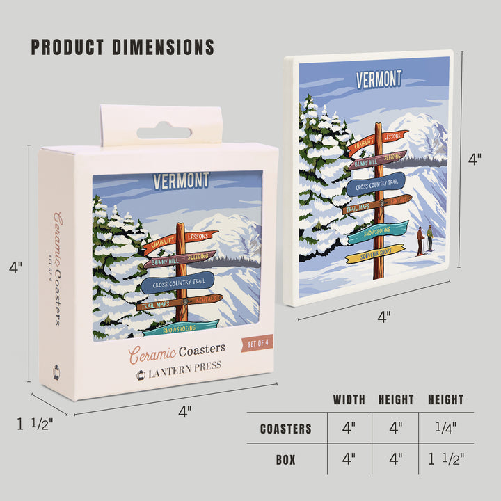 Vermont, Signpost, Ski and Snow, Coaster Set