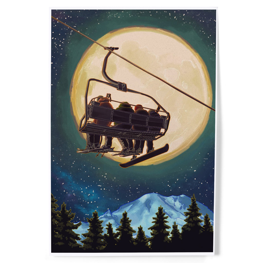Ski Lift and Full Moon with Snowboarder, Art & Giclee Prints